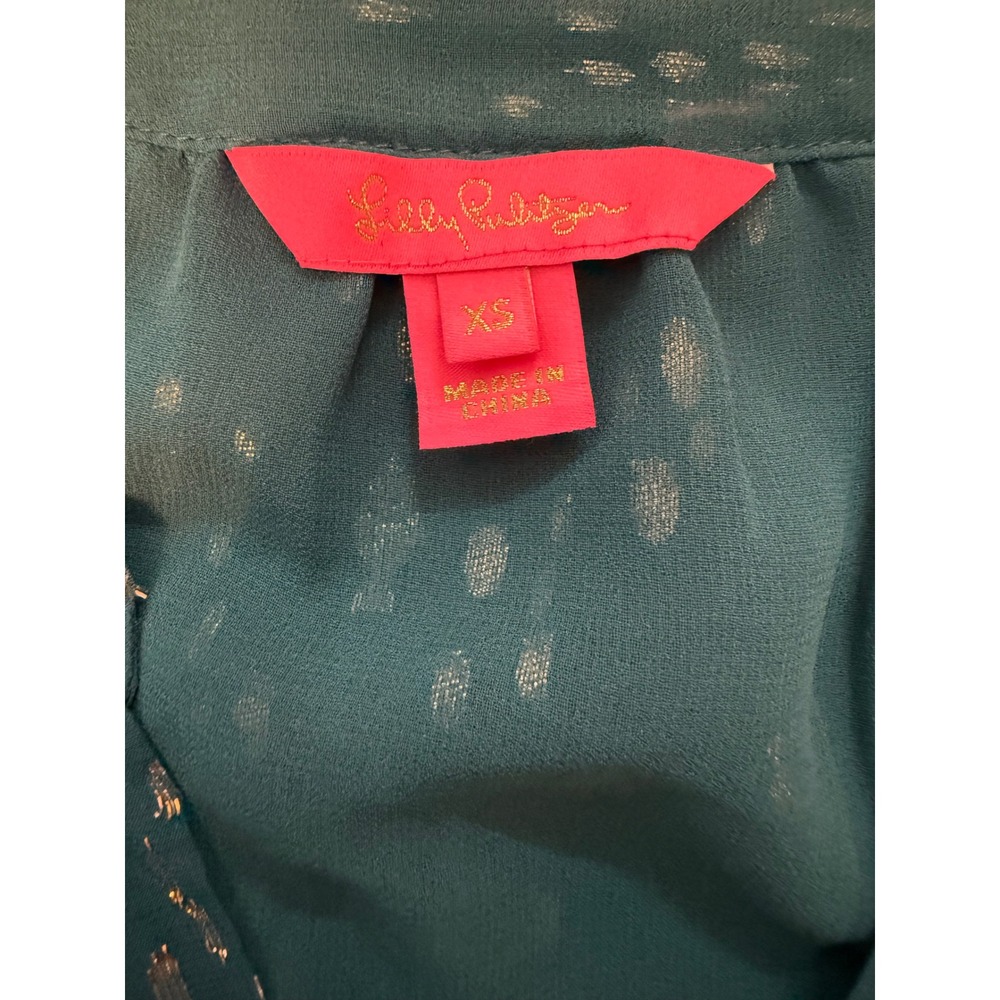 Lilly Pulitzer Matilda Silk Turquoise Metallic Fish Print Fairy Victorian Top XS - Picture 8 of 10